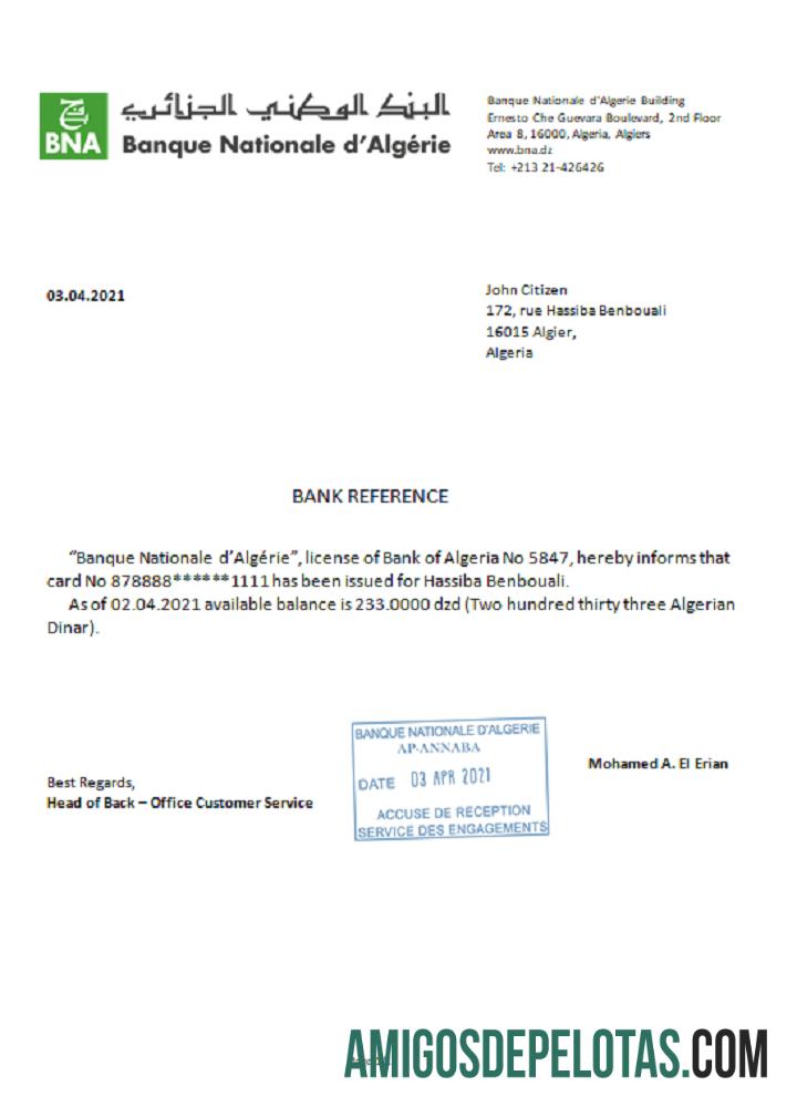 Referência do Banque Nationale da Argélia amostra